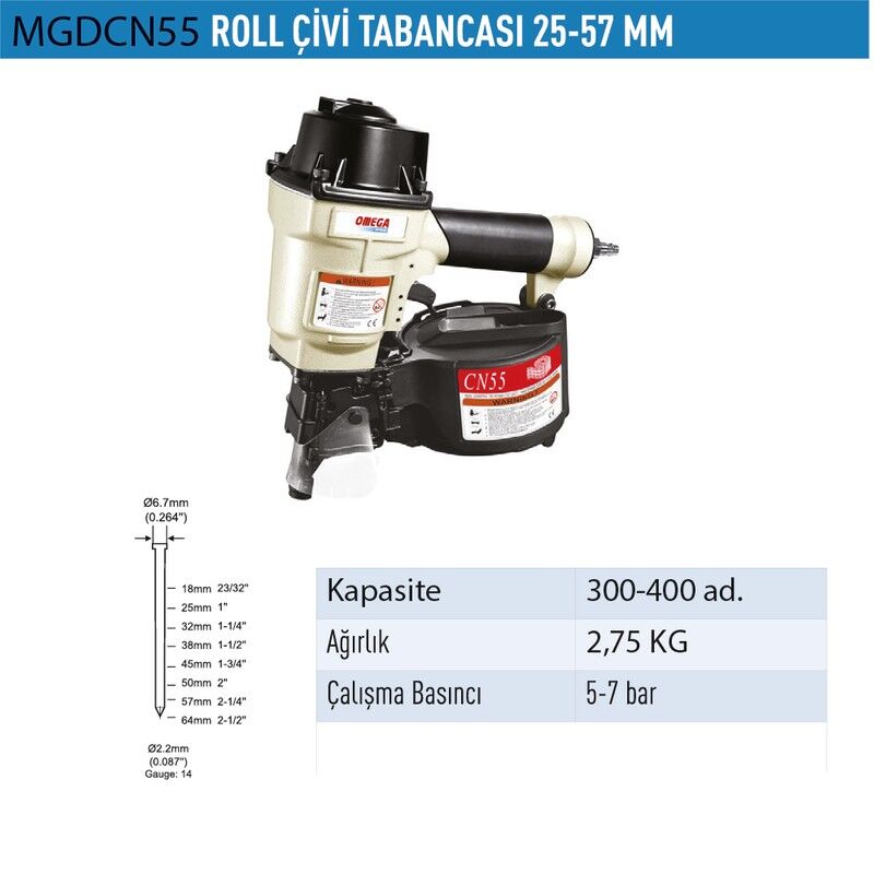 Omega MGDCN55 Roll Çivi Tabancası 25-50MM