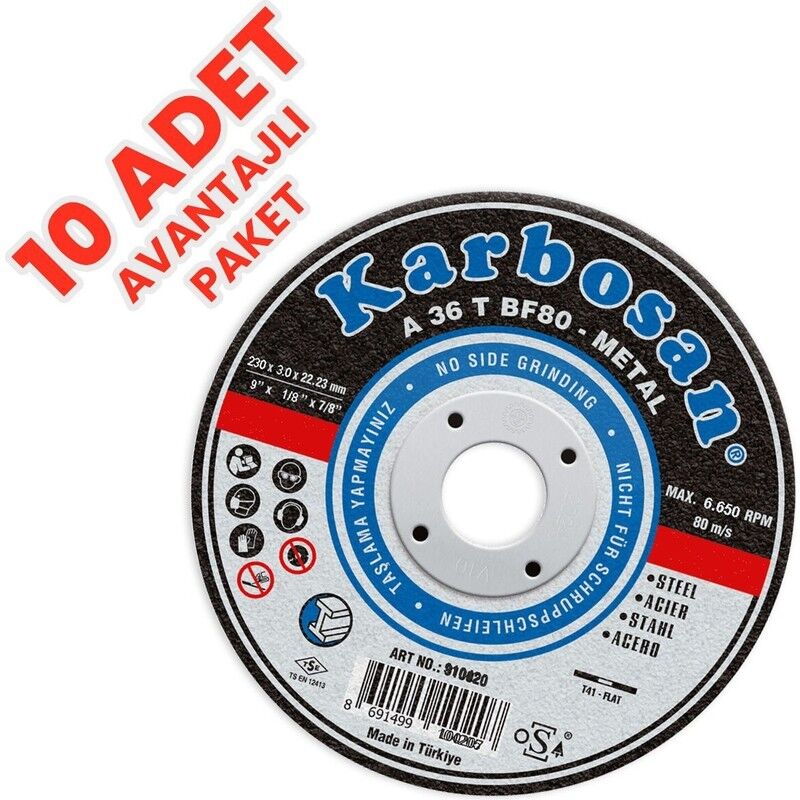 Karbosan 230X3.0X22.23MM A 36 T BF80 Metal Kesme Taşı 10 Lu Paket